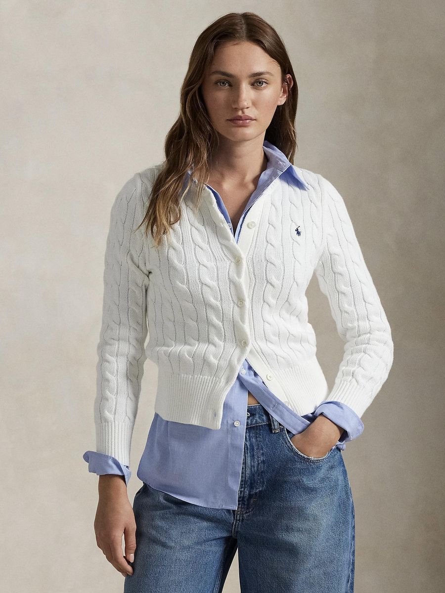 RALPH LAUREN COTTON CABLE KNIT LONG SLEEVE CARDIGAN HVIT